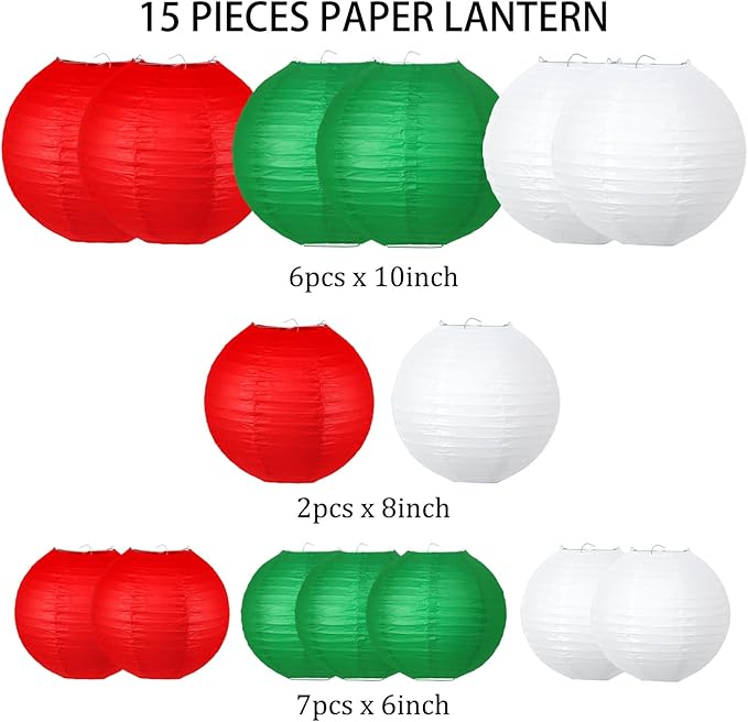 Christmas Party Decorations, Red White Green Hanging Paper for Xmas Party New Year's Eve Christmas Theme Birthday Italian Party Decor Yard Garden，15pcs