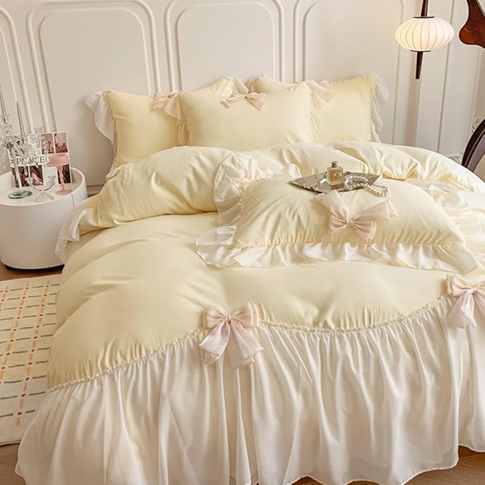 Ruffled Bedding Bow Duvet Cover Set with Butterfly Tie, Full Comforter Cover Set, Shabby Chic Bedding Set,Romantic French Princess Style -Yellow,Full