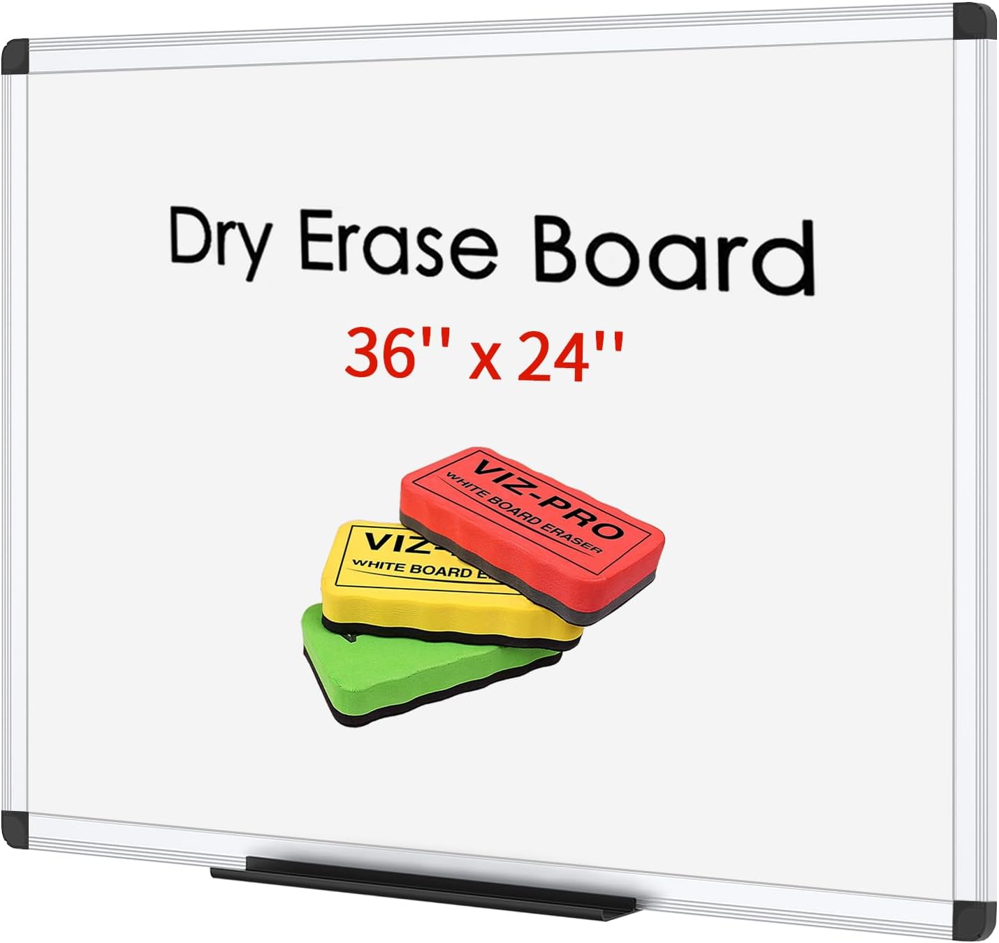 VIZ-PRO Magnetic Dry Erase Board - 36" X 24" with Silver Aluminum Frame & 3 Colored Erasers