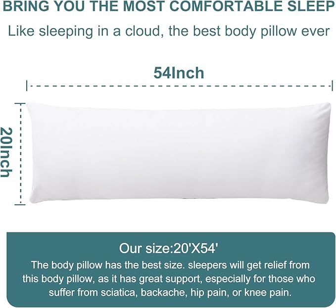 DOWNCOOL Large Body Pillow Insert- Breathable Full Body Pillow for Side Sleeper - Soft Long Bed Pillow for Adults - 20 x 54 inch
