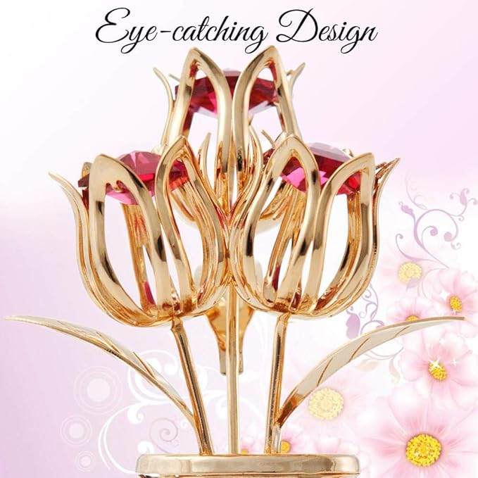 Matashi 24K Gold Plated Crystal Studded Flower Ornament in Vase with Decorative Dragonfly - Elegant Tabletop Ornament - Perfect Valentine's Day Gift for Her, Wife, Mom, Birthday, Home or Office Décor