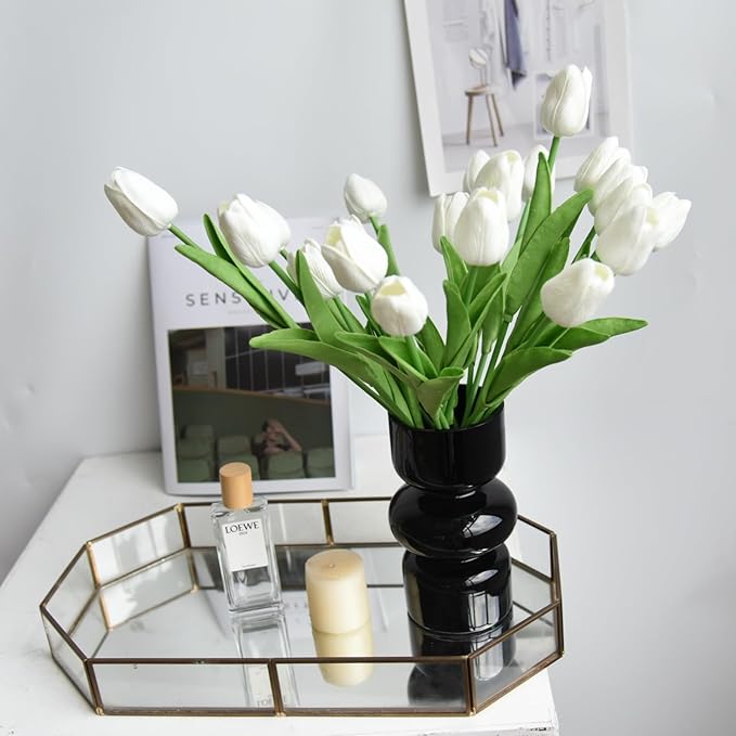 20PCS White Artificial Flower Tulips PU Real Touch Tulips for Home Wedding Decoration Brides Hand Holding Bouquet Artificial Flower Decoration (Type-White)