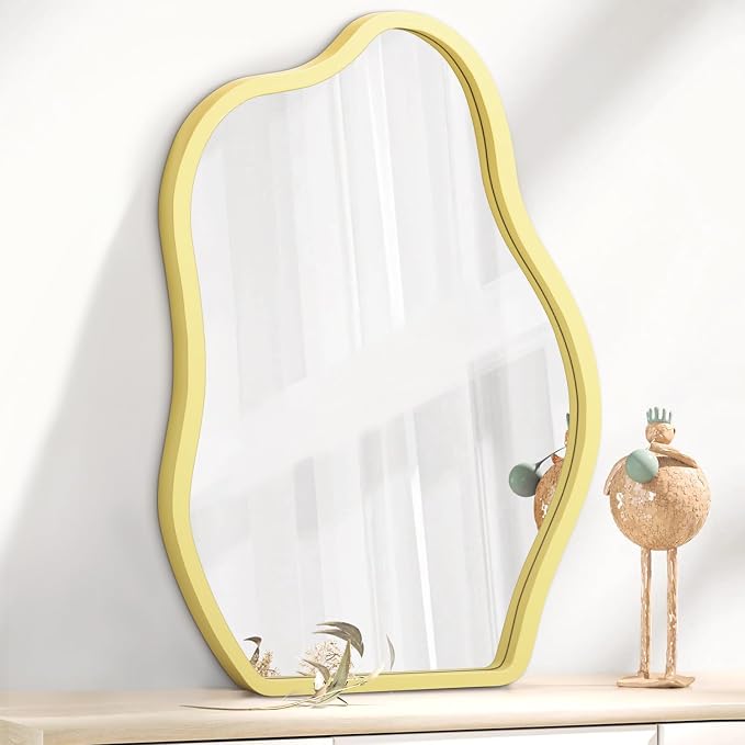 Yellow Irregular Wooden Framed Mirror Hanging Asymmetrical Mirror for Wall Modern Wall Mirror Unique Shape Decorative Vanity Bathroom Living Room Bedroom Entryway Hallway Artistic Large Mirrors