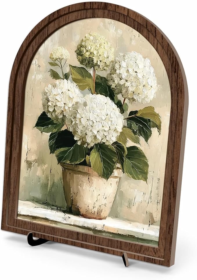 Tabletop Decor White Hydrangea Sign, Arched Wooden Frame with Stand, Flower Home Retro Decorations, Farmhouse Floral Decor, Rustic Potted Flower Art for Living Room Bedroom