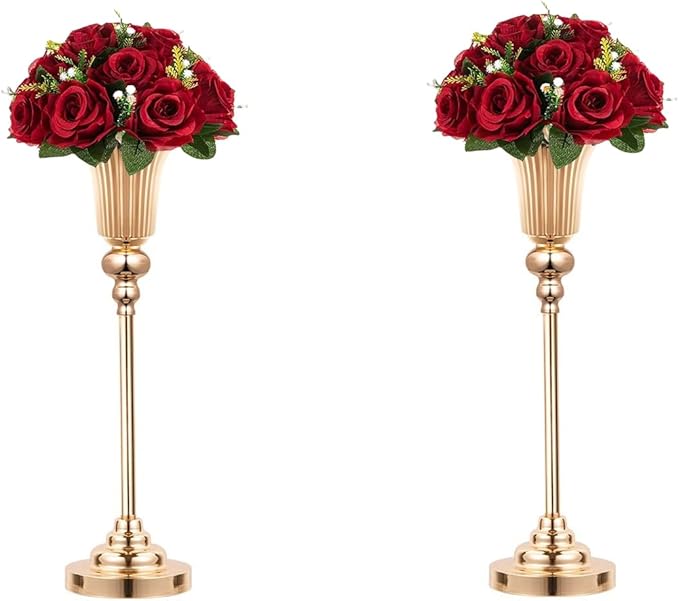 Gold Trumpet Vases for Table Centerpieces - 2 Pcs 22.4" Tall Versatile Metal Trumpet Vase Tabletop Flower Stand for Party Dinner Anniversary Ceremony Centerpiece Event