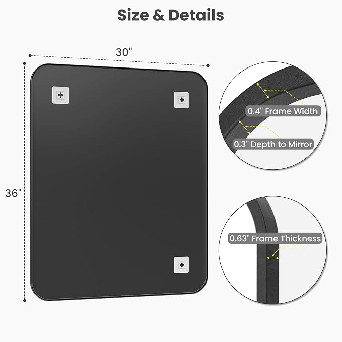 30x36 Inch Matte Black Bathroom Vanity Mirrors | Flush Mount Deep Set Metal Wall Mirror for Over Sink | HD Shatterproof Glass, Rustproof | 1 Pack