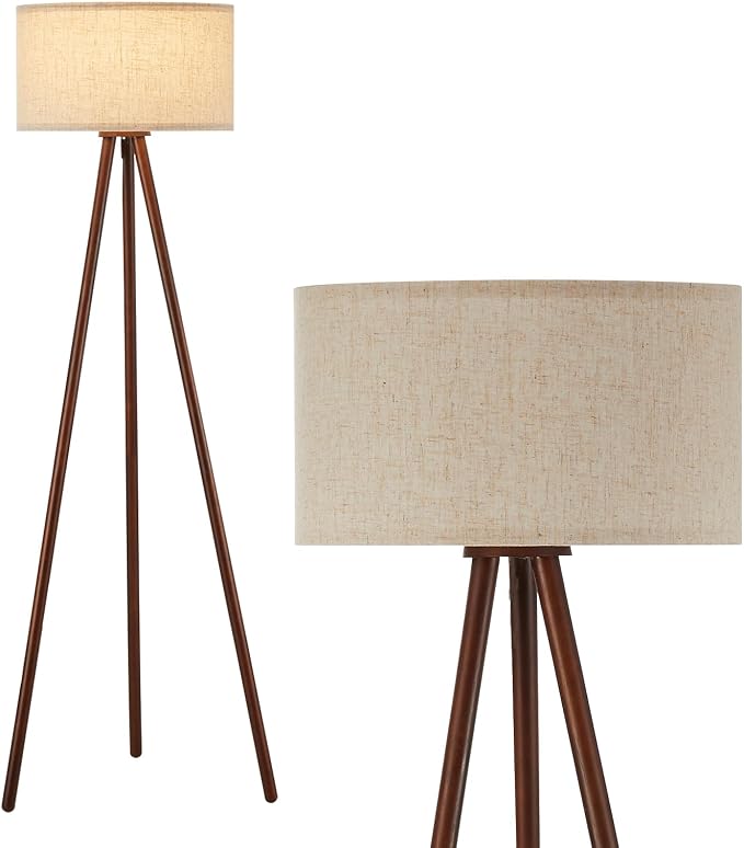 BTP Wood Tripod Floor Lamp for Living Room, 3 Color Temparature Bulb Included, Mid Century Modern Wooden Floor lamp with Linen Shade for Bedroom, Office, ETL Listed Walnut Wood Color