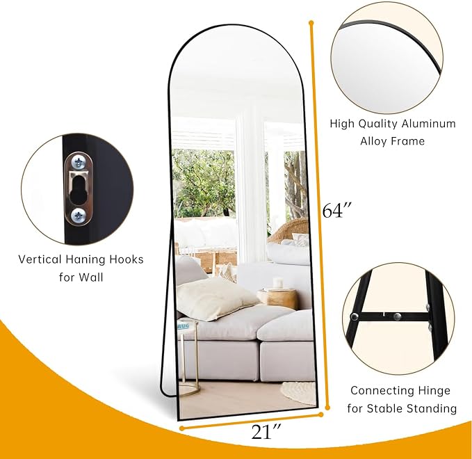 Dewfig Arched Full Length Mirror, 64"x21" Large Floor Mirrors with Stand, Full Body Mirror for Leaning Hanging, Standing Mirrors for Bedroom, Living Room,Dressing Room, Aluminum Alloy Frame, Black