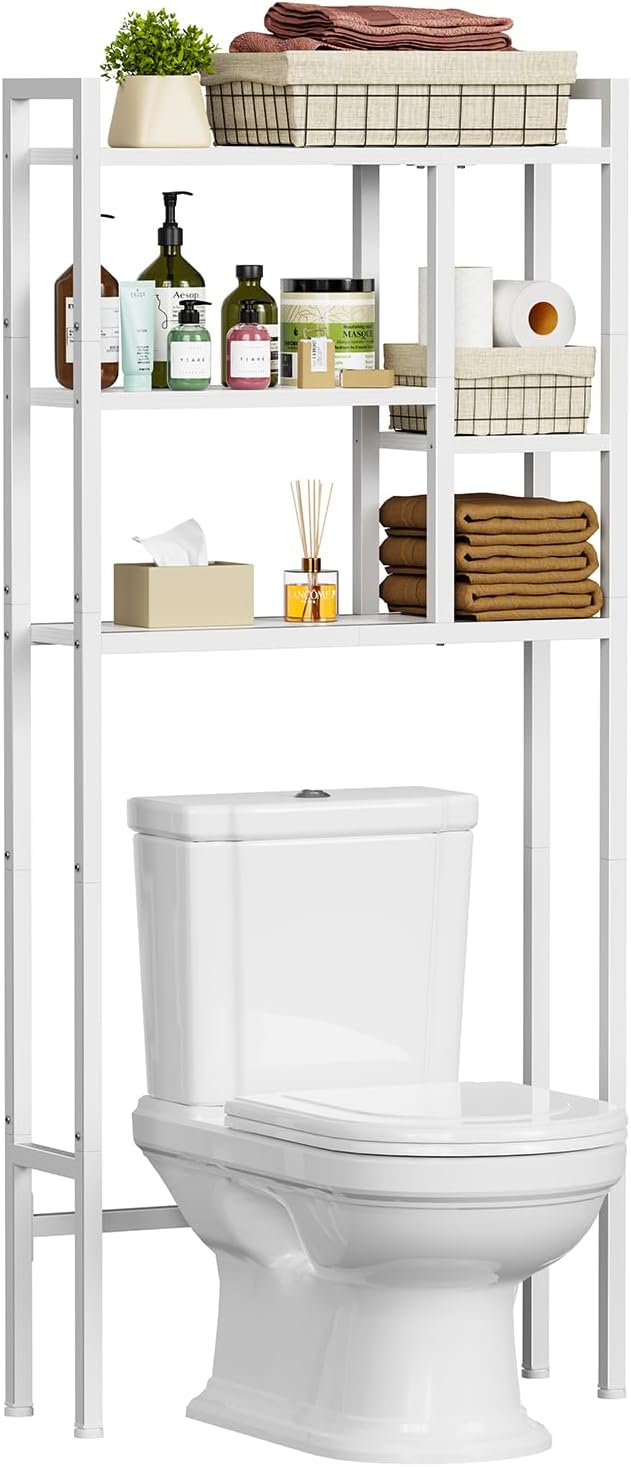 Asgolion Over The Toilet Storage Rack, 3-Tier Bathroom Organizer Over Toilet, Wooden Above Toilet Storage Shelf, Space Saver, Freestanding Bathroom Storage Metal Shelf, Easy to Assemble, White