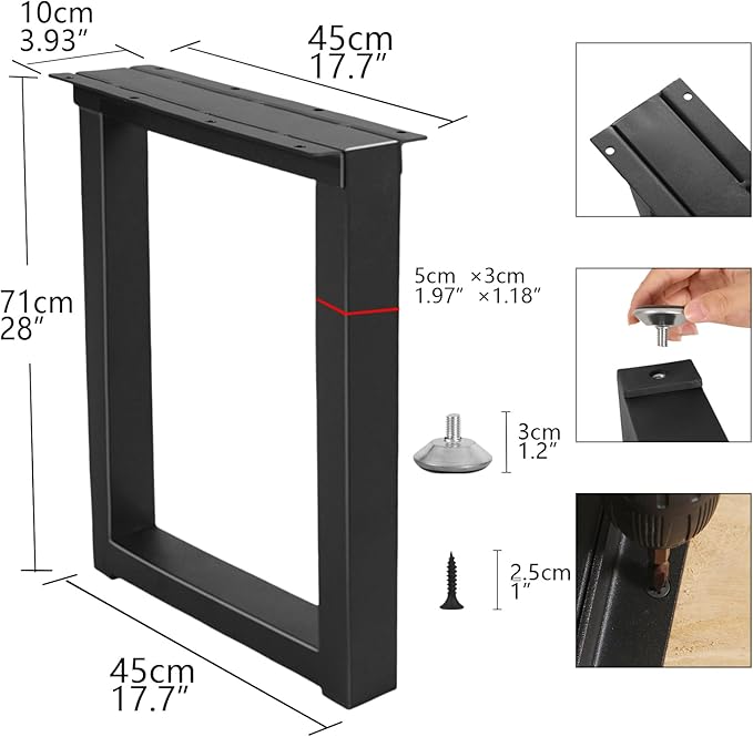 Metal Table Legs 28''Hight 17.7'' Wide Heavy Duty Iron Furniture Legs with Adjustable Protector Feet, Modern Desks for DIY Dinning Coffee Table (Rectangle Shape, 2pcs)-Black