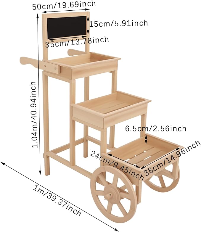 Flower Display Stand | 3-Tier Wood Flower Cart | Flower Cart Display Stand with Wheels | Ladder Shaped Plant stand | Market flower display Stand | Handle & Blackboard (Wood Color)