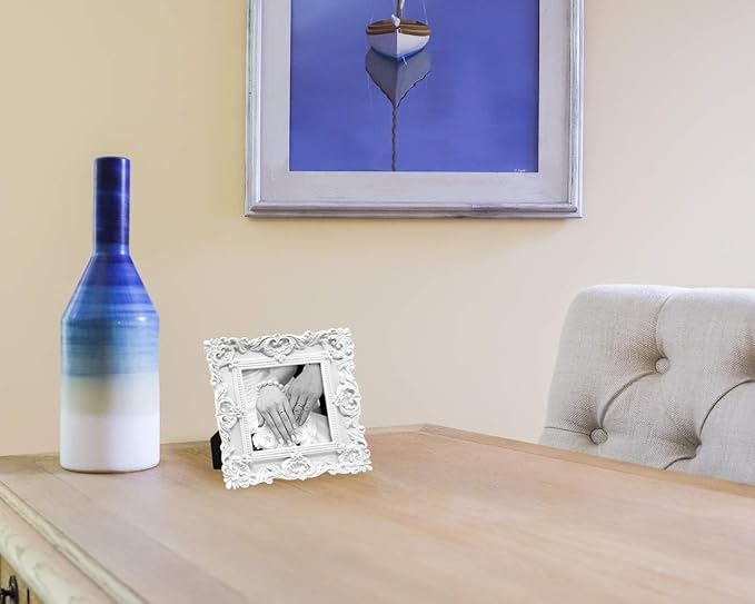Laura Ashley 4x4 White Ornate Textured Hand-Crafted Resin Picture Frame with Easel & Hook for Tabletop & Wall Display, Decorative Floral Design Home Décor, Photo Gallery, Art, More (4x4, White)