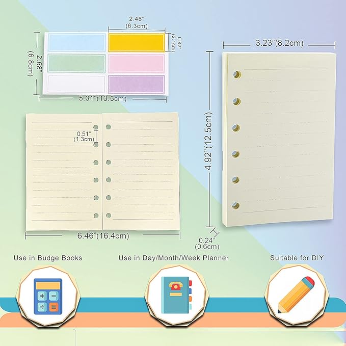 A7 Planner Refill,4 Packs per Set, Line Paper, A7 Binder Refills 6 Ring with Label Stickers Gift,Mini Binder Refills,6 hole/100gsm Thick Paper/4.84 x 3.23'', Harphia