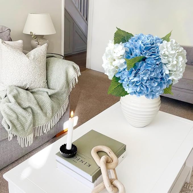 4Pcs Real Touch Large Silk Fake Hydrangeas Artificial Flowers,Light Blue/White Fall Lifelike Faux Hydrangea Flowers, Flower for Halloween Christmas Centerpieces Table Kitchen Home