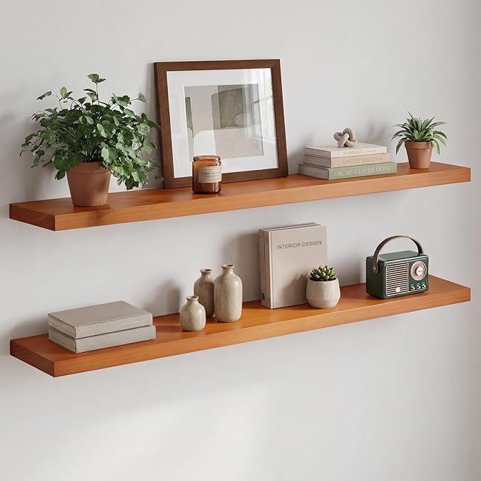 Homeforia 48 inch Oak Floating Shelf, High End Solid Real Wood 48inch Floating Shelves for Wall Mounted, Honey Oak Wooden 48in Large Floating Shelves, Heavy Duty Bracket, 48 X 6.5 X 1.75 in, Set of 2
