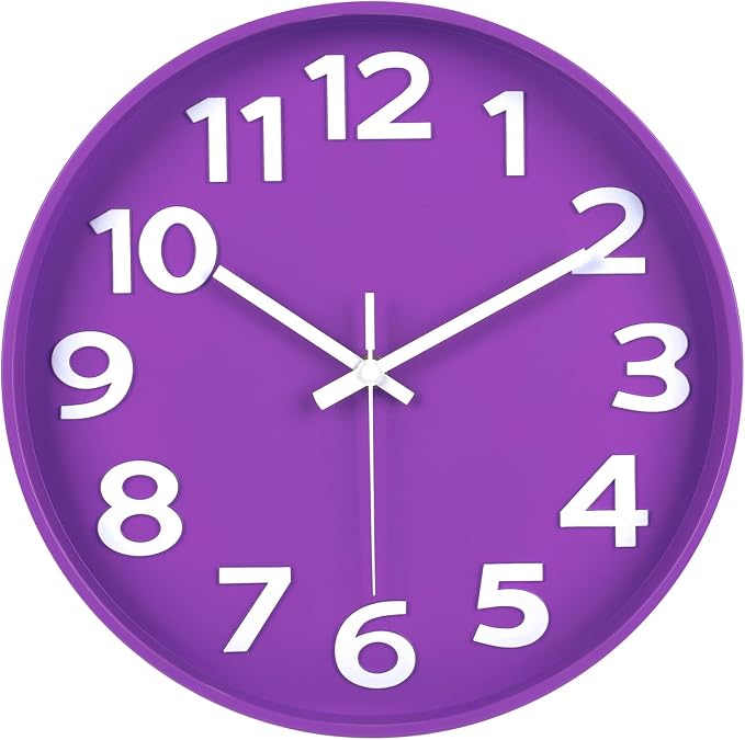 45MinST 12-Inch Modern Indoor Outdoor Wall Clock, Silent Non-Ticking, Large Numbers, Accurate Timekeeping, Perfect Decorative Accent for Home or Office (Purple)