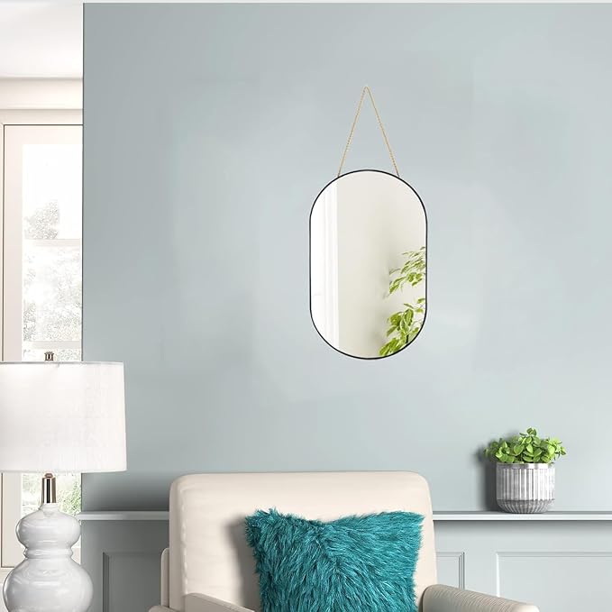 Oval Mirror, Oval Wall Mirror with Lanyard, High Definition Bathroom Mirror for Bathroom, Hallway, Living Room (Black, 11.61x18.9inch)
