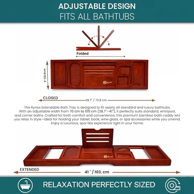 Bathtub Tray & Bath Tray for Tub – Expandable Bamboo Bath tub Tray, Bathtub Caddy, Adjustable Foldable Waterproof Bath Trays for tub with Phone, Wine Glass, Book & Tab Holder (Free Soap Dish)