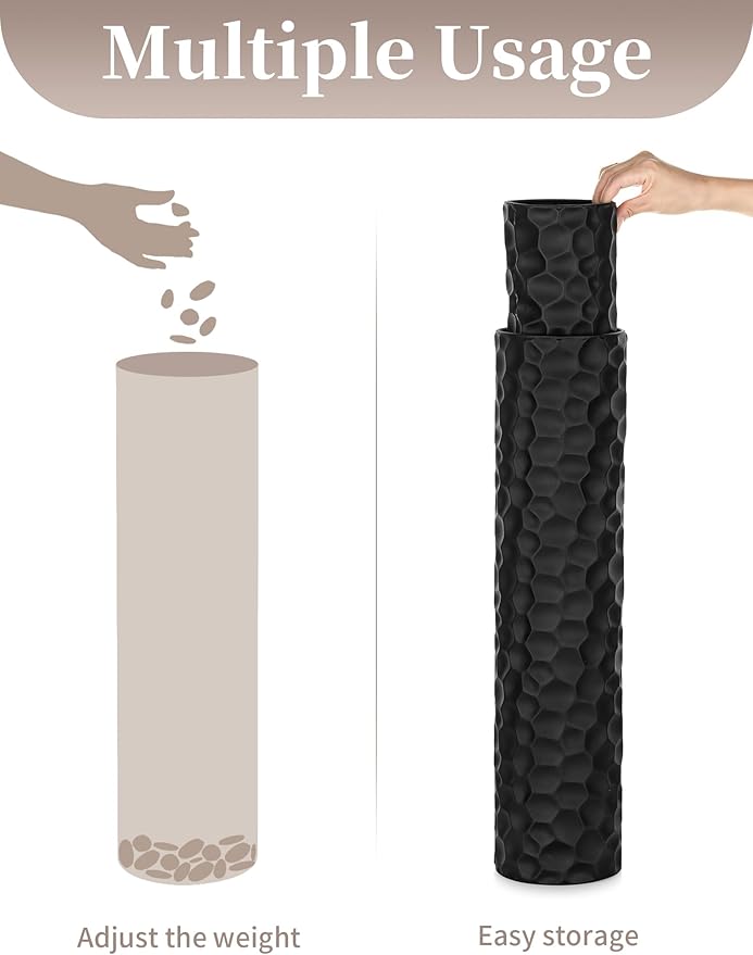 Sziqiqi Black Tall Floor Vase: 27/23/20in Large Floor Vases Standing for Living Room - Hammered Metal Floor Vases Set of 3 - Cylinder Flower Vase for Dining Bedroom Home Corner Indoor Office