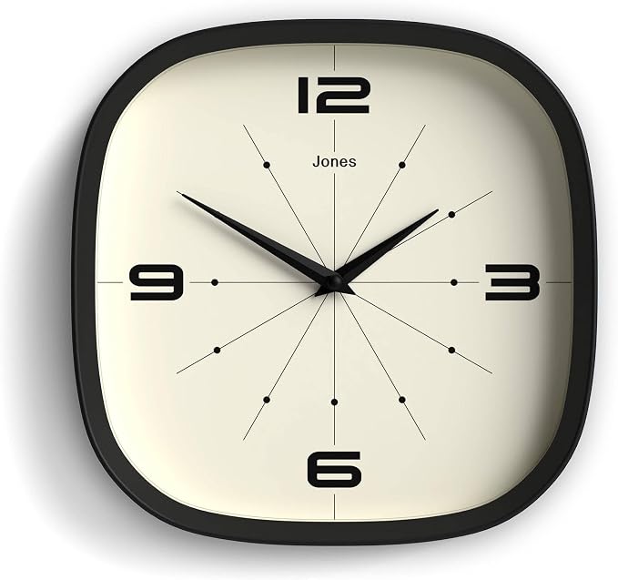 JONES CLOCKS® Pulsar wall Clock | Square Rounded Retro Clock | 10 inch | Black | Cool Designer Look for Kitchen, Living Room or Office
