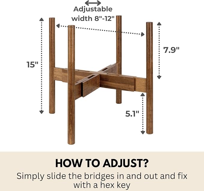 Fox & Fern Adjustable Plant Stand Indoor — 8 to 12 Inch Premium Mid Century Bamboo Plant Stand with Adjustable Width; Plug In Design; Easy to Assemble; Two Heights - For 8, 9, 10, 11 & 12 Inch Pots