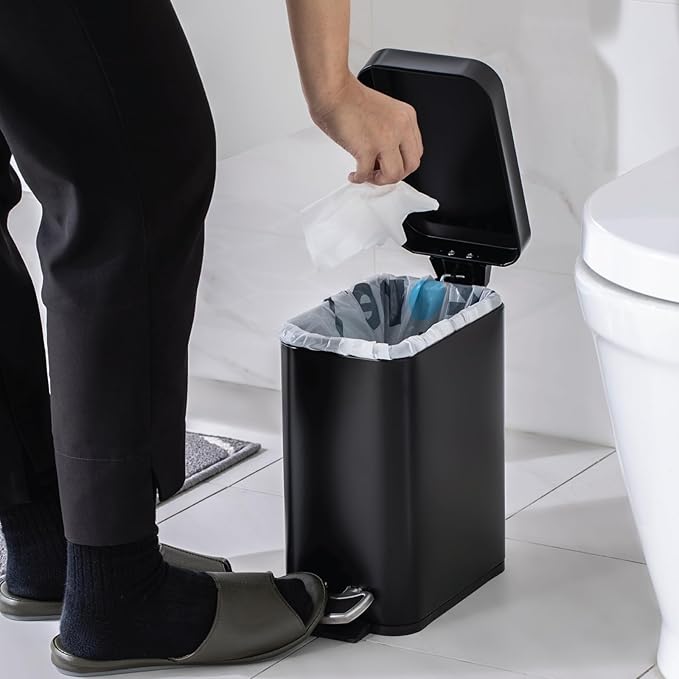 Home Zone Living 1.3 Gallon Small Bathroom Trash Can with Lid and Step Pedal, Stainless Steel Wastebasket with Slim Design for Home and Office, Matte Black, 5 Liters