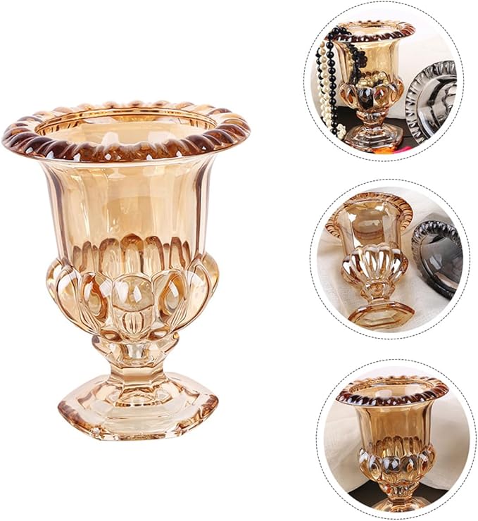 STOBAZA Vintage Glass Decorative Vase with Flanging Embossed Design Amber Wine Glass Shape for Home and Office Decor Elegant Floral Ornament for Living and Dining Table Accents