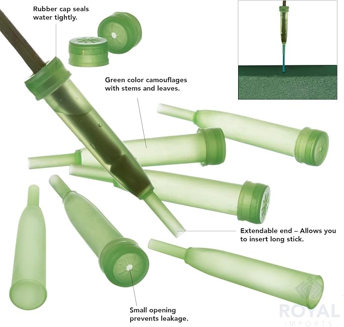 Royal Imports Floral Water Tubes with Caps – 4" Green Plastic Flower Vials for Single Stem Roses, Buds, Bouquets – Extendable Style, 1/2" Opening – 25 Pack