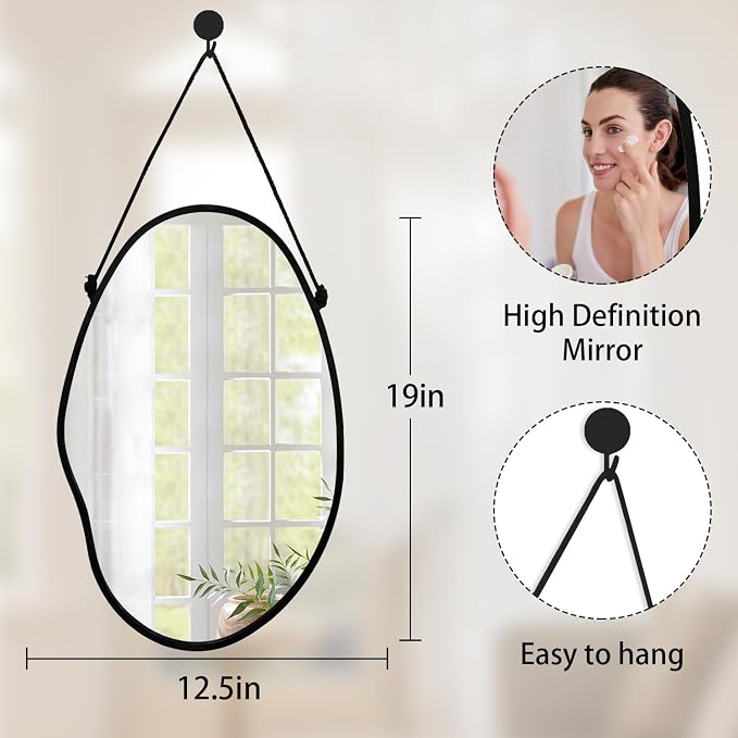 Bedroom Wall Mirror Irregular Black Frame Asymmetrical Mirror for Wall Vanity Bathroom Living Room Bedroom Entryway Hallway Modern Unique Decorative Artistic Hanging Mirror