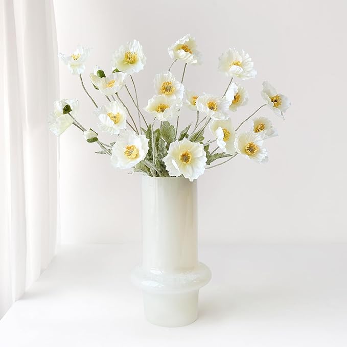 6PCS White Poppy Artificial Fake Poppies Flower with Stems Silk Floral for Wedding Bouquet Party Spring Arrangement Home Cemetery Decorations