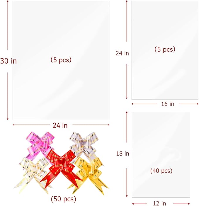 Ohuimrt 50Pcs Cellophane Bags 3 Sizes Cellophane Wrap for Gift Baskets 24x30 16x24 12x18 Large Clear Plastic Packaging Bags with 50 Pull Bows for Christmas Gift Wrapping