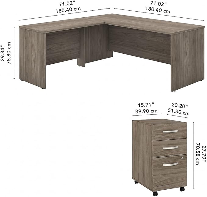 Bush Business Furniture Studio C L Shaped Desk with Mobile File Cabinet and Return, 72W x 30D, Modern Hickory