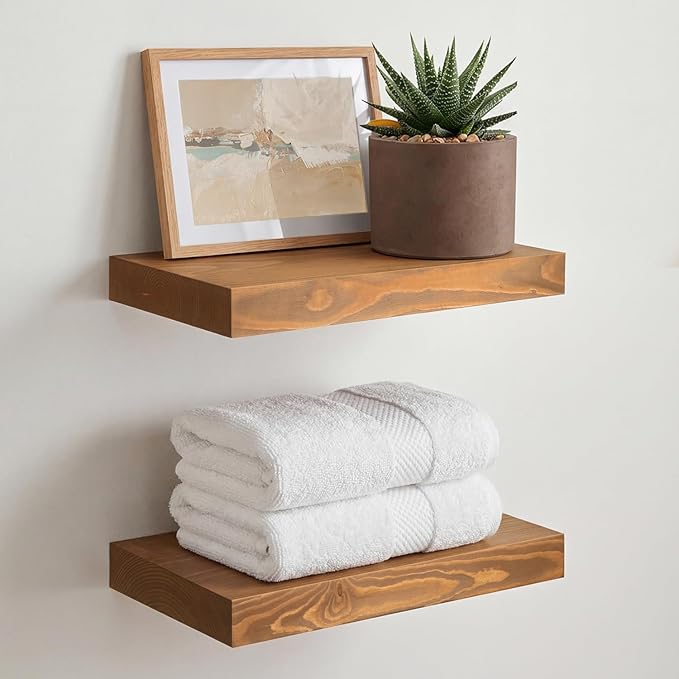 Homeforia 12 inch Golden Oak Floating Shelf, High End Solid Real Wood 12inch Small Floating Shelves for Wall Mounted, Oak Wooden 12in Floating Shelves, Heavy Duty Bracket, 12 X 6.5 X 1.75 in, Set of 2