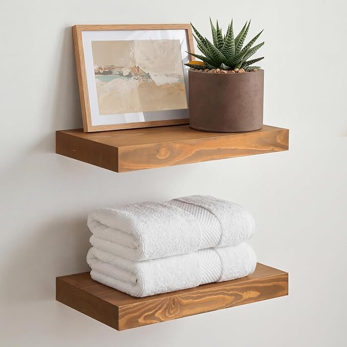 Homeforia 12 inch Golden Oak Floating Shelf, High End Solid Real Wood 12inch Small Floating Shelves for Wall Mounted, Oak Wooden 12in Floating Shelves, Heavy Duty Bracket, 12 X 6.5 X 1.75 in, Set of 4