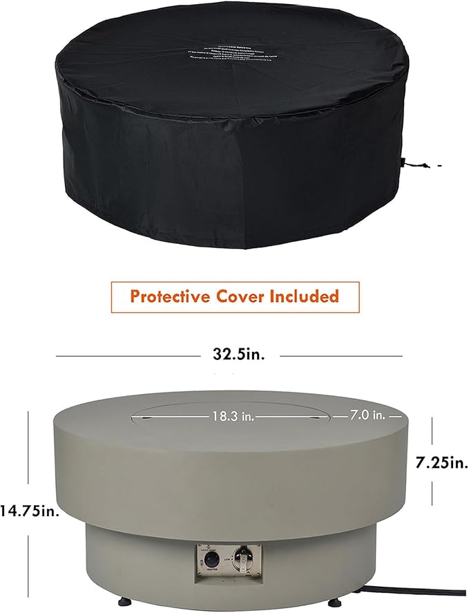 Propane Outdoor Fire Pit Table, Flint & Concrete Look 32.5-inch Round Patio Propane Fire Table 50,000 BTU w/Lid, Glass Rocks, Cover, Pre-Attached 10ft Hose