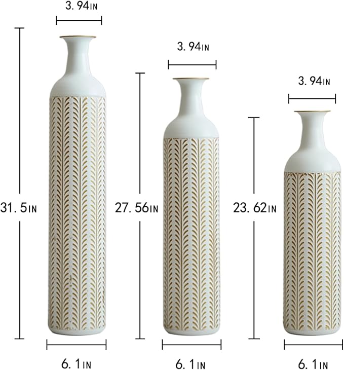 Metal Floor Vases Decorative, Set of 3 Flower Arrangement Stand, Tall Gold＆White Metal Floor Vases for Living Room, Bedroom & Entryway, 33.4", 28.74", 24.1" H (White＆Gold)
