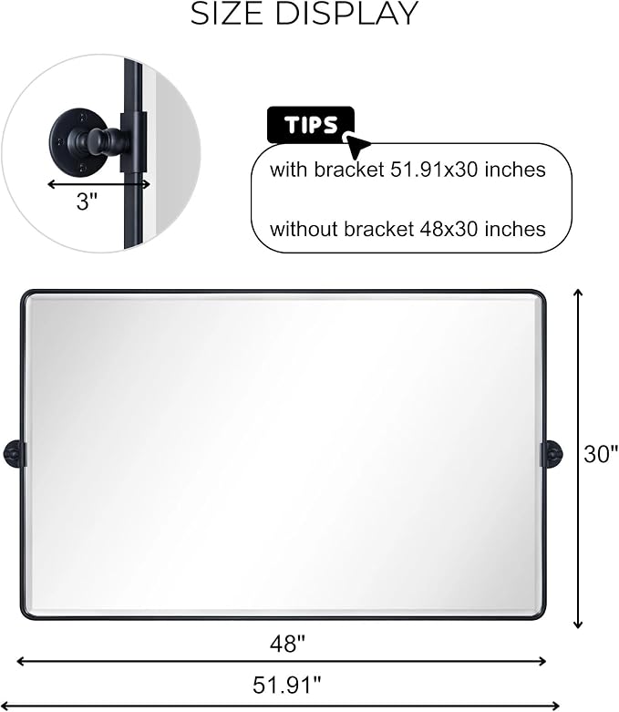 TEHOME Matt Black Horizontal Pivot Bathroom Vanity Mirror Large 30x48'' Black Metal Framed Rectangle Tilting Beveled Vanity Mirrors for Wall, Overall 51.91 x 30 inches (Mirrror 48 x 30 inches)