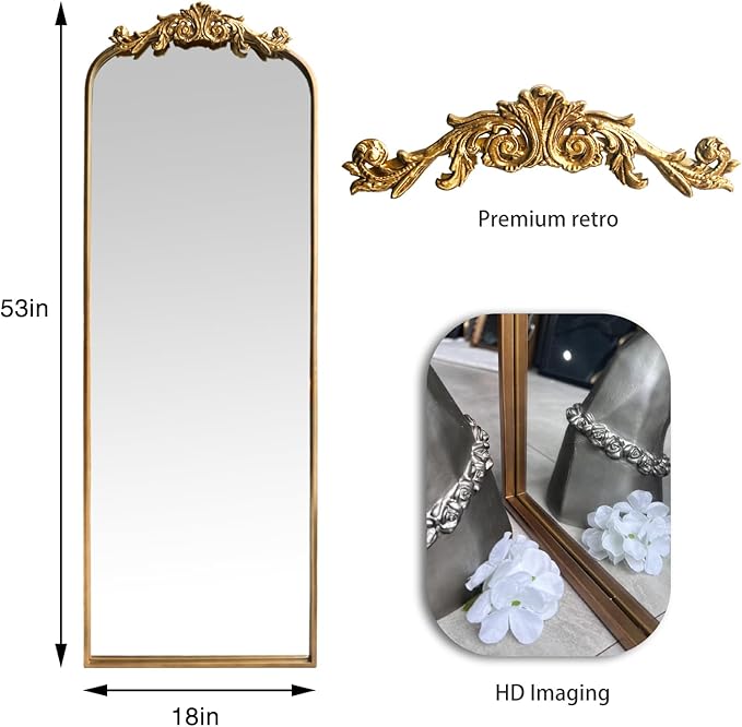OUSHUAI Large Gold Antique Mirror, Tall Arched Floor Mirror,Ornate Design Vintage Wall Mirror Decor for Entryway,Hallway,Living Room,Fireplace 18"X53"