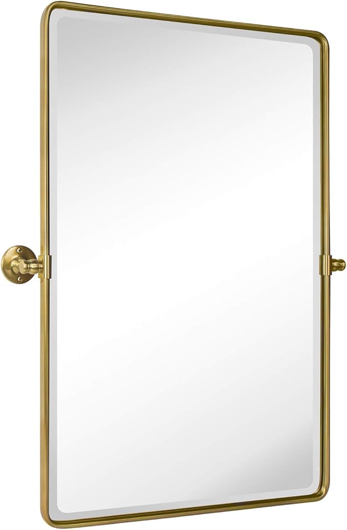 TEHOME Gold Pivot Rectangle Bathroom Vanity Mirrror Farmhouse Tiltable Rounded Metal Framed Pivoting Bathroom Mirror with Beveled Mirrror, Overall 26.91 x 35 inches (Mirrror 23 x 35 inches)