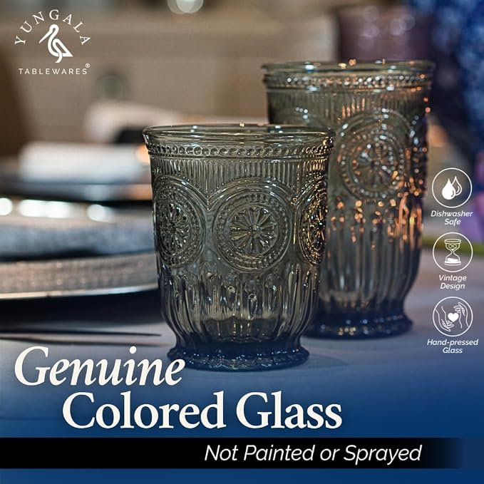 Black Glassware set of 6 smoke drinking glasses, 8 oz water glasses textured colored vintage glass cups dishwasher safe