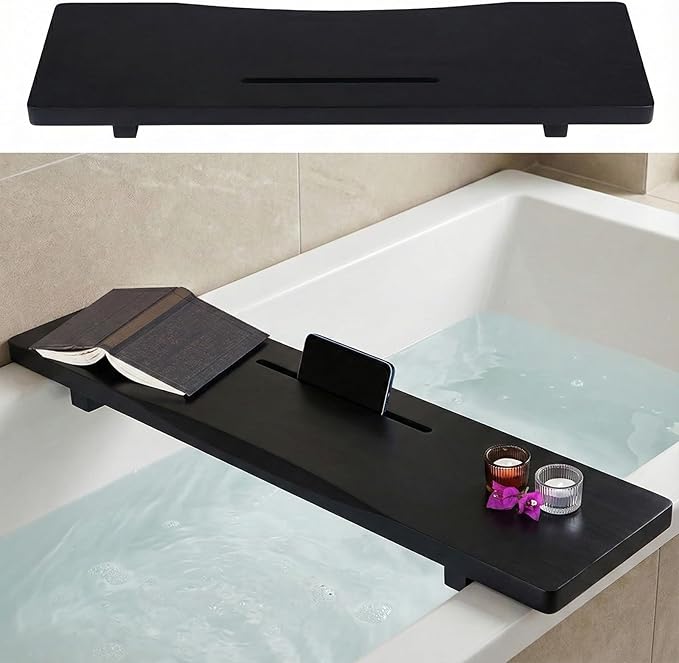 Stylish Black Bamboo Bathtub Tray Caddy with Adjustable Legs, Minimalistic Design Bath Tray for Tub, Bathtub Accessories, Fit Standard and Against Wall Bath Tubs, Gift Idea for Women
