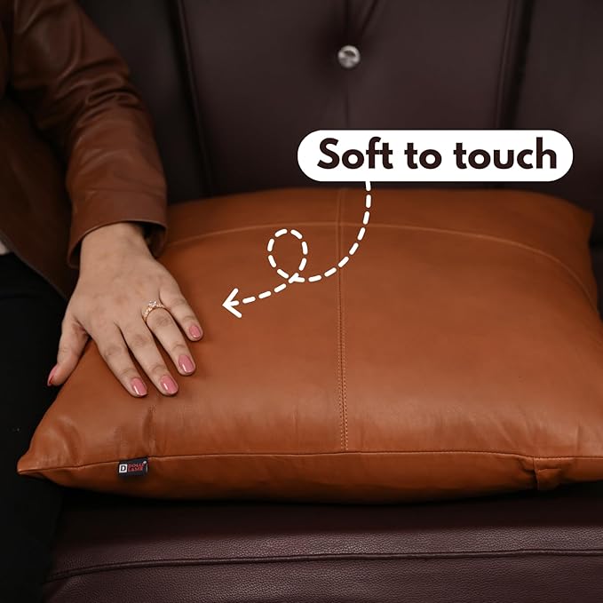 D DOLLY LAMB Lambskin Leather Pillow Cover - Sofa Cushion Case - Decorative Throw Covers for Living Room & Bedroom, 22x22 Inches - Camel Antique Plain