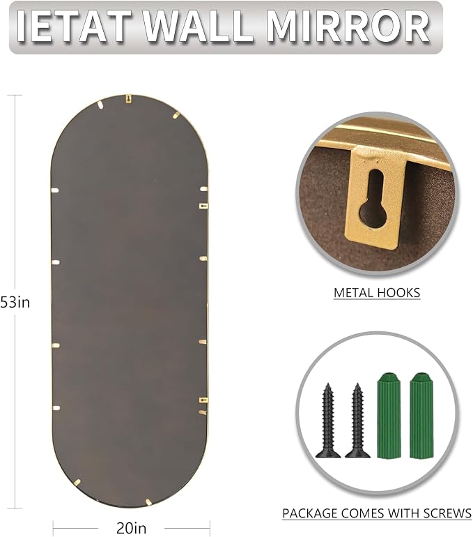 Antique Gold Full Length Mirror Vintage Oval Full Body Mirror Hanging Dressing Beaded Wall Mounted Mirror Decorative Wall Mirrors for Entryway Bedroom 53"X20"