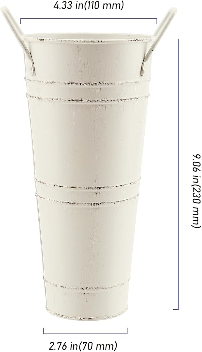 8 Pack 9 Inch Tall Galvanized Flower Bucket, Beige Farmhouse French Flower Bucket with Handle, Rustic Vintage Metal Vases for Flower, Centerpieces, Floral Wedding Arrangements