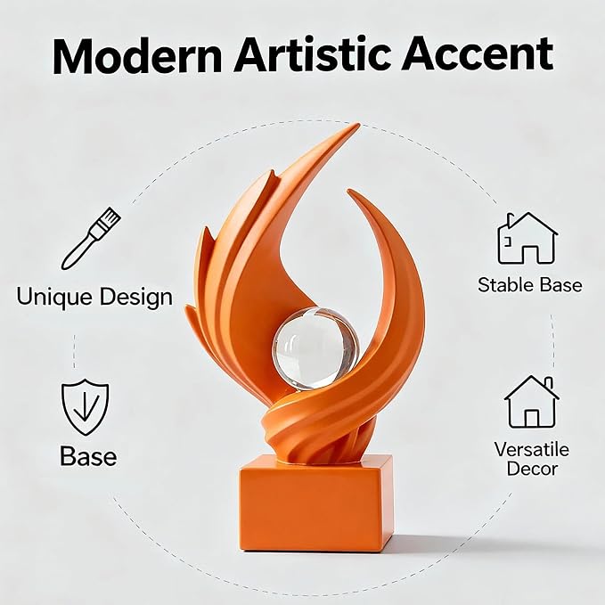 Modern Art Statue Decor, Abstract Swirl-Shaped Sculpture with Glass Ball Resin Art Figurines Centerpiece Sculptures for Home Decor Living Room Stand Coffee Table Office Bookshelf Decoration (orange)