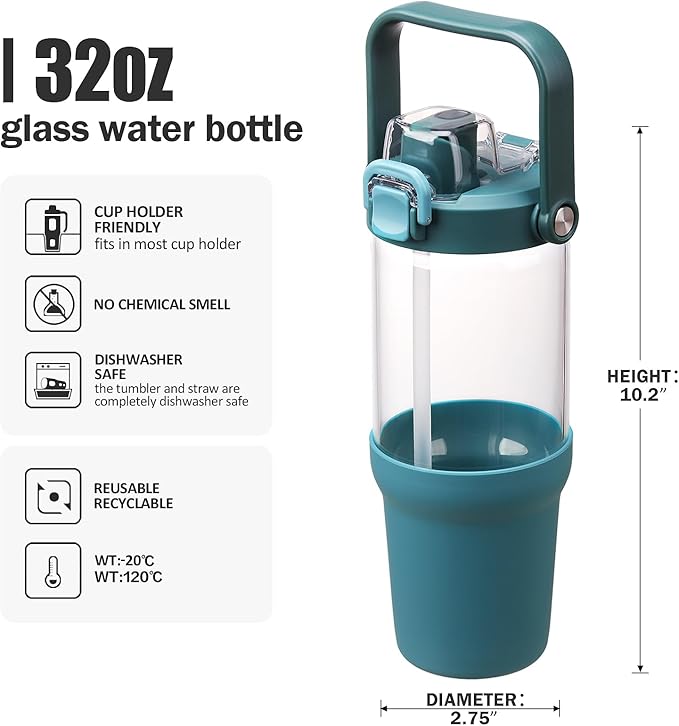 Glass Tumbler with Carry Handle, Clear Glass Water Bottle with Leakproof Lid, Spout Lid&Straw, BPA-Free, 32 oz, Peacock Blue
