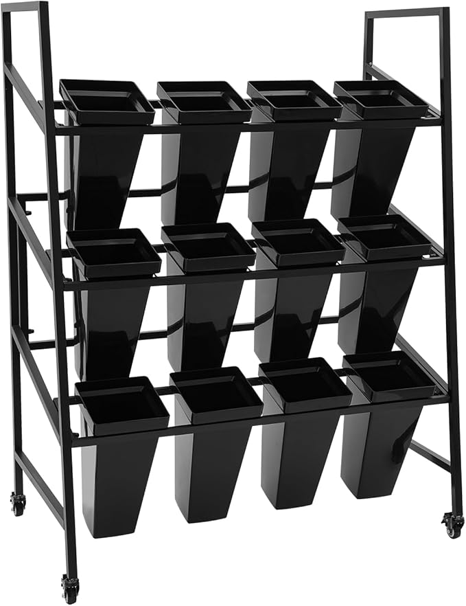 3-Layers Flower Display Stand Metal Plant Holder with 12PCS Buckets Moving Plant Cart Shelf Flower Shelf for Florist Garden Patio,3.28 * 1.84 * 4.04ft (Black Frame With Black Buckets)