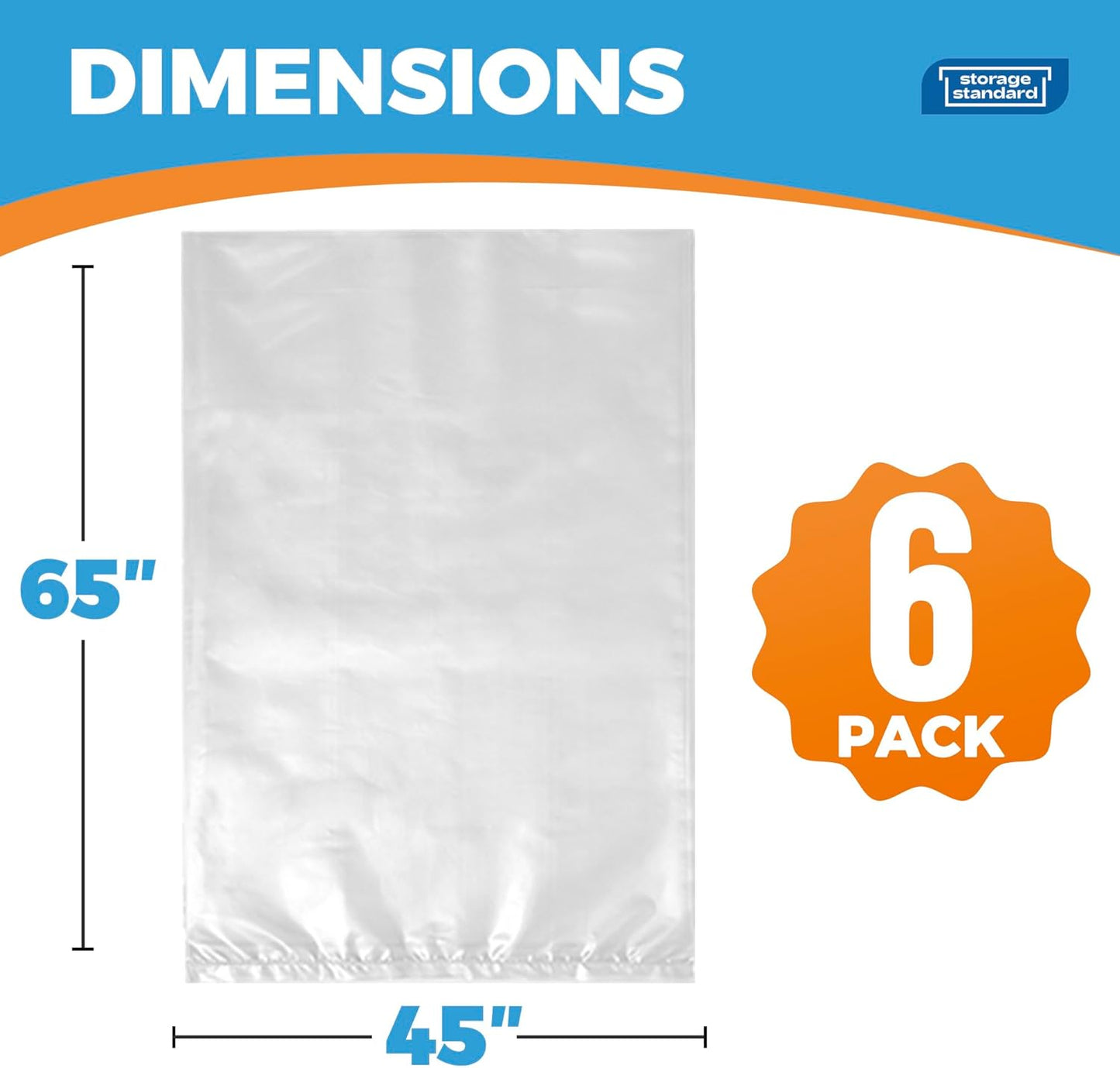 Storage Standard Large Clear Plastic Bags - Waterproof Heavy-Duty 6-Pack for Rugs & Oversized Items | 45 x 65 Inches