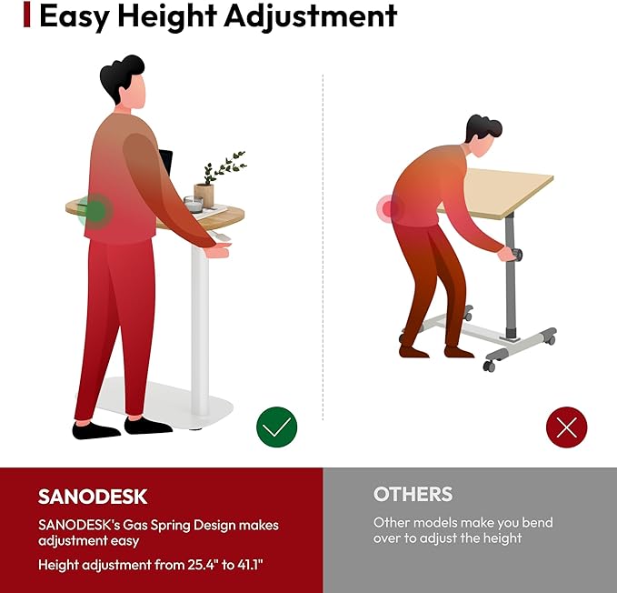 SANODESK Small Standing Desk Pneumatic Height Adjustable Small Sit Stand Desk Laptop Desk Overbed Table Computer Cart for Home Office Computer Workstations(23.6" W x 13.8" D,Maple)