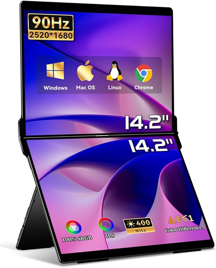 EHOMEWEI X1 Air, 14.2 Inch 2.8K IPS Display, 90Hz Dual-Screen, 400 Nit Brightness, 100% sRGB (Dual-Screen 14.2" No-Touch, 14.2")